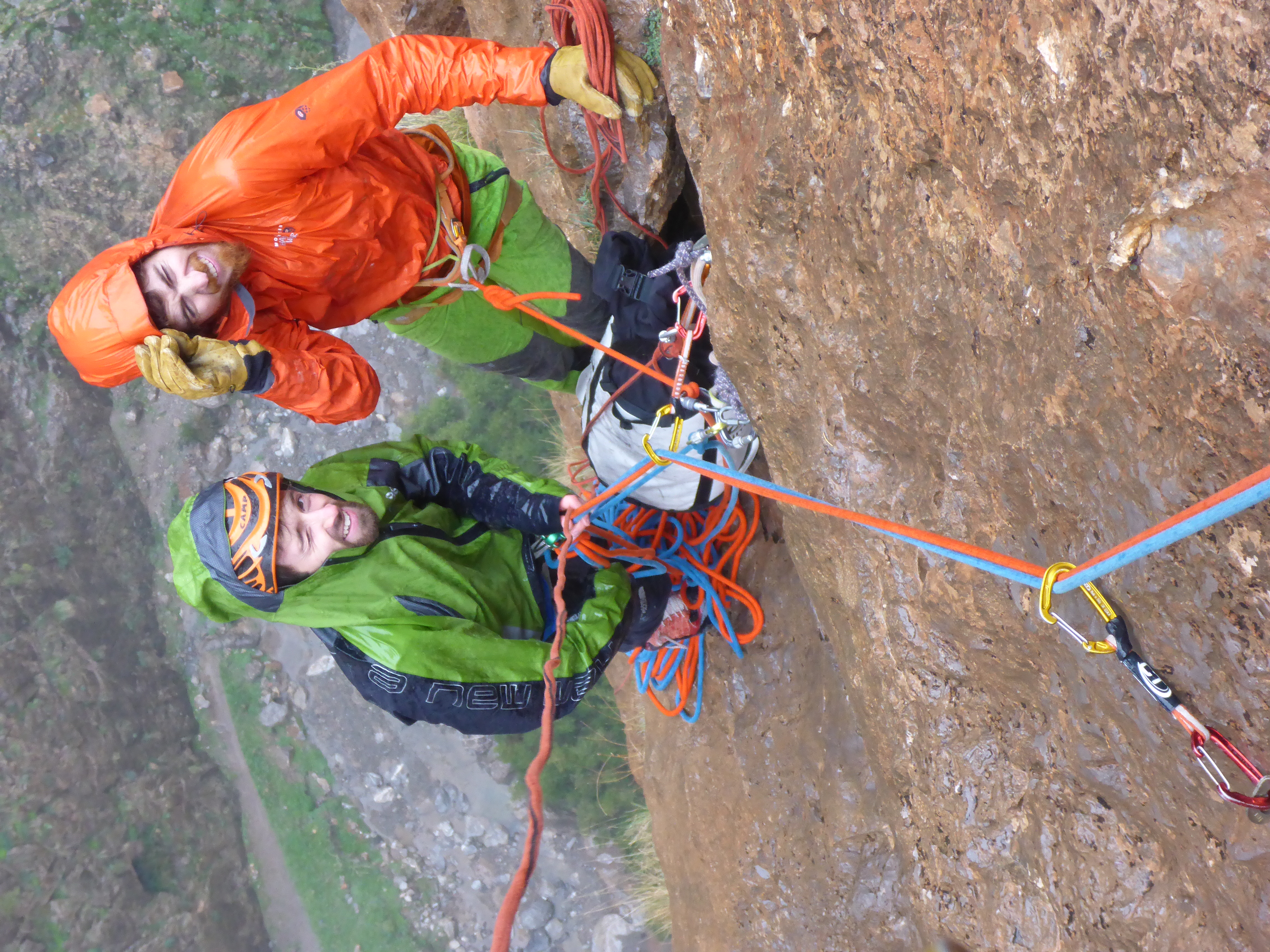 Two rock climbers in Morocco in the rain