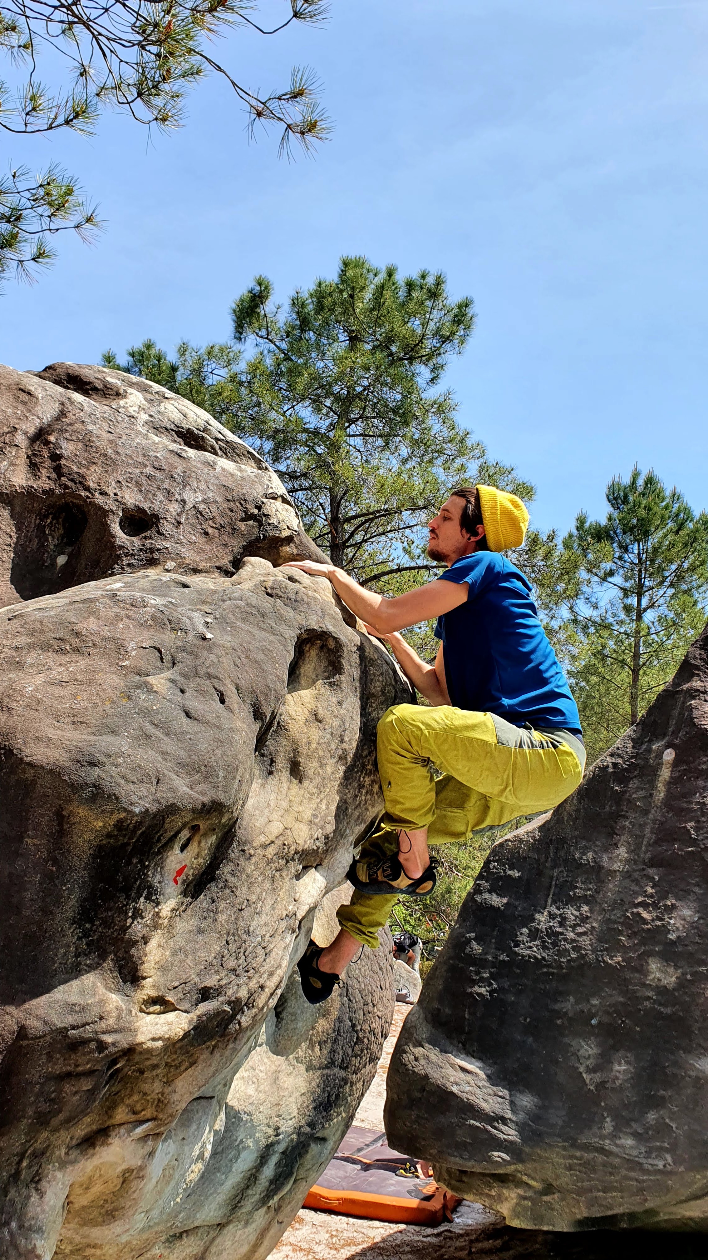 A person topping out on a boulder with trees in the backgroun