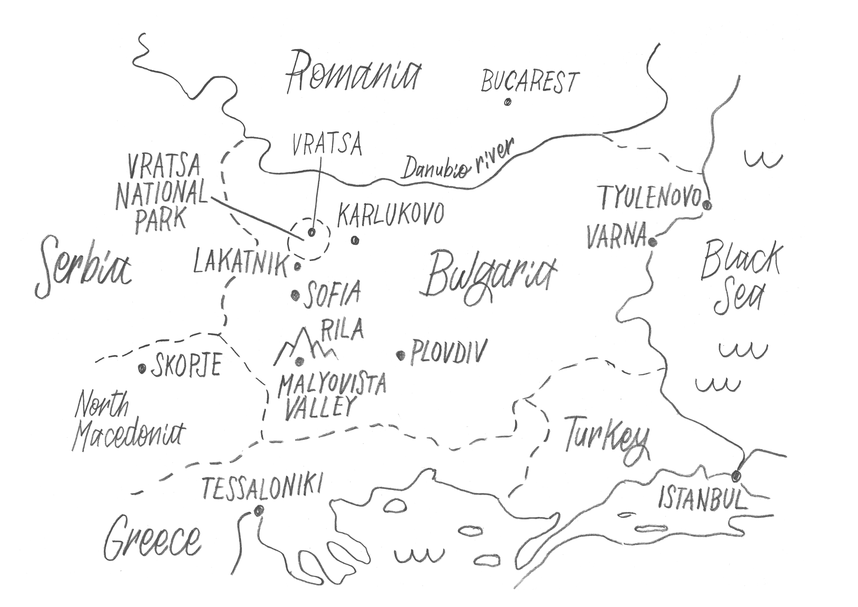 A hand drawn map of the climbing areas in Bulgaia
