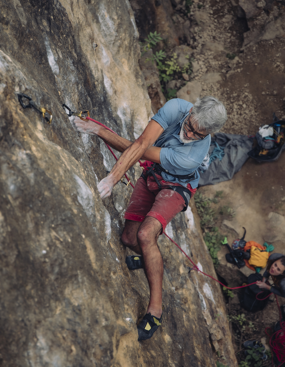 Climbing physiotherapist Cristiano Costa sport climbing in the peak District