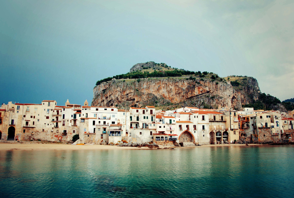 Longshot of the town of Cefalu in Sicily