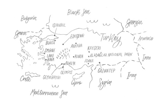A hand-drawn map  of Turkey showing the rock climbing areas