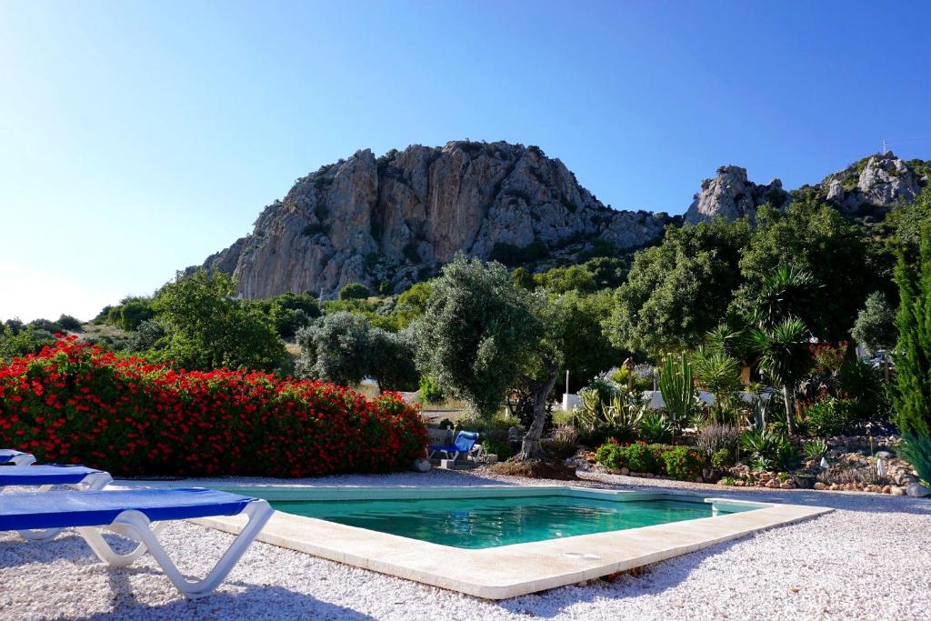 La piscina dell'Olive Branch Climber's Hostel, con le falesie di El Chorro sullo sfondo